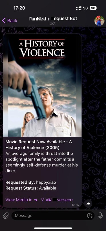 朋友的 Plex 媒体库有个求片系统，昨天求的片子入库了，还给我发个 tg 提醒