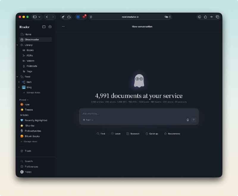 Readwise Reader 在内测全局 Ghostreader，很酷