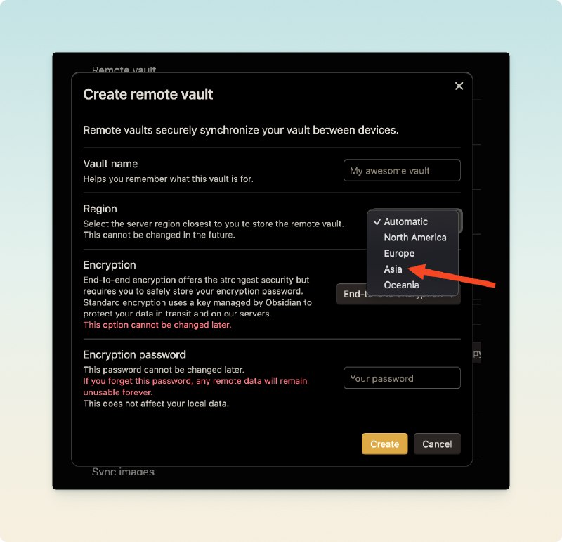 无意中打开 Obsidian Sync 里的“新建 vault“，发现可以选服务器的地区，而且有亚洲服务器可选，果断新建一个 vault，然后把现在的笔记同步过去