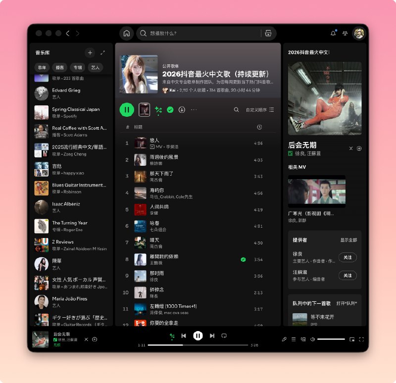 我在 Spotify 里找到一个“2026抖音最火中文歌”的歌单，里面99%的歌我都没听过（但是很好听）