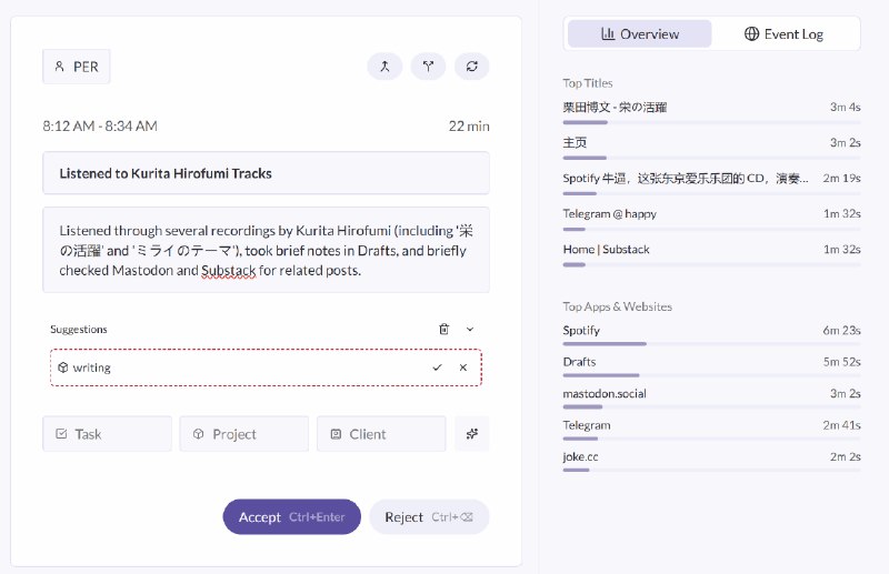 Rize 这样总结我的20分钟：“听了几张 Kurita Hirofumi 的录音作品（包括《栄の活躍》和《ミライのテーマ》），在 Drafts 里做了些简要笔记，并顺手浏览了 Mastodon 和 Substack 上的相关帖子
