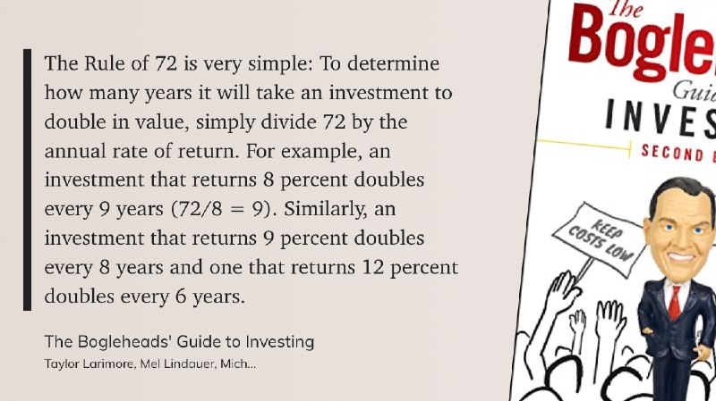 72法则非常简单：要确定一项投资需要多少年才能翻一番，只需用72除以年回报率即可