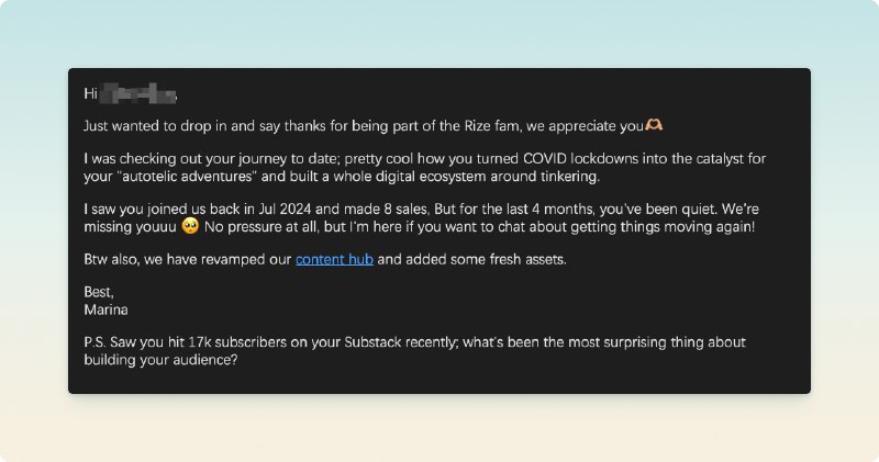 收到一封的确是写给我的信，信里也的确有许多关于我个人的信息，比如我的个人主页上的一些小细节，和我 newsletter 的订阅人数