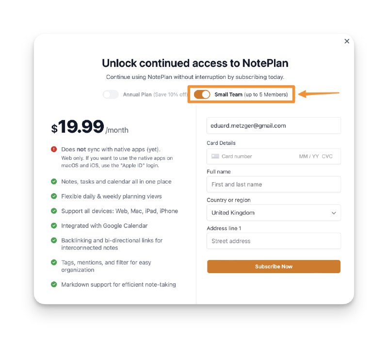 noteplan 出了 team 版，5人20刀每月，感觉可以拼车了！不过我猜没人想上车