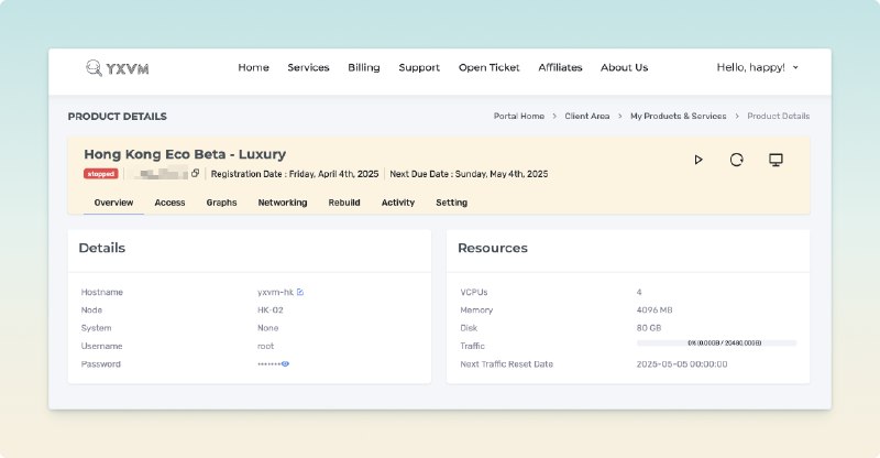 参与 Nodeseek X YxVM 的博客赞助计划，免费领了一台性能强劲的 hk 小鸡，20t 流量根本用不完，4c4g80gb 还能建站用，开心