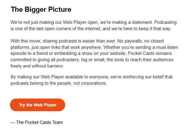 Pocket Casts 向所有用户开放了 web 播放平台，意味着任何人，可以随时通过一个链接来收听某个播客节目，不需要注册，不需要下载客户端，不需要获得谁的批准官方这么说的：“这一举措使分享播客比以前更容易